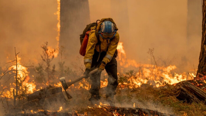 Las llamas crecen mientras los bomberos provocan un incendio en el frente este del incendio Park cerca de Chico, California, el 28 de julio de 2024. (David McNew/Getty Images)