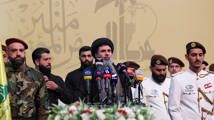 Hashem Safieddine, alto cargo de Hezbolá, habla durante el funeral de Mohammed Nasser en Líbano el 4 de julio de 2024. (Reuters/Aziz Taher)