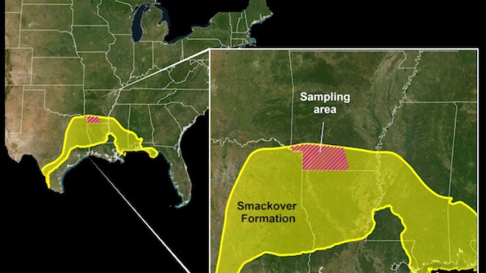 La Formación Smackover en el suroeste de Arkansas, el área en el área de muestreo sombreada en rojo dentro del recuadro, contiene entre 5 y 19 millones de toneladas métricas de litio, según un estudio realizado por el Servicio Geológico de los Estados Unidos (USGS) y el Departamento de Energía y Medio Ambiente de Arkansas. (Servicio Geológico de los Estados Unidos)