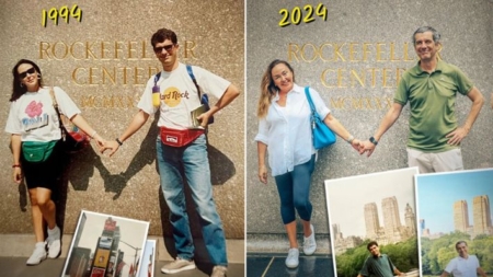 Pareja recrea fotos de su luna de miel de 1994 en Nueva York, con motivo de su 30 aniversario