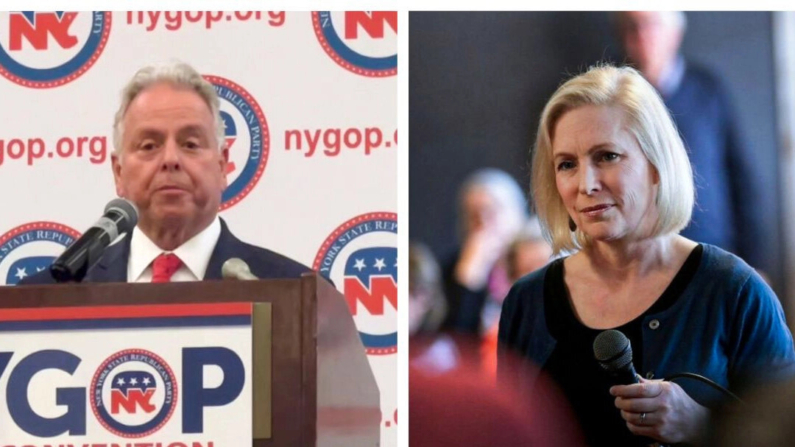 (Izquierda) Mike Sapraicone en Binghamton, Nueva York, el 22 de febrero de 2024. (Cortesía del Comité Republicano del Condado de Broome); (Derecha) Senadora Kirsten Gillibrand (D-N.Y.) en Dubuque, Iowa, el 19 de marzo de 2019. (Scott Olson/Getty Images)