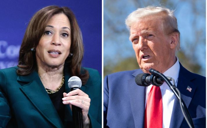 (Izquierda) La vicepresidenta Kamala Harris habla en el Centro Sharon Lynne Wilson para las Artes en Brookfield, Wisconsin, el 21 de octubre de 2024. (Derecha) El expresidente Donald Trump habla con la prensa en Swannanoa, Carolina del Norte, el 21 de octubre de 2024. (Kamil Krzaczynski/AFP vía Getty Images; Madalina Vasiliu/The Epoch Times)