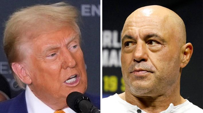 El candidato presidencial republicano, el expresidente Donald Trump, habla durante una rueda de prensa en Austin, Texas, el 25 de octubre de 2024. | Joe Rogan en un evento de la UFC en Boston el 18 de agosto de 2023. (Foto AP)