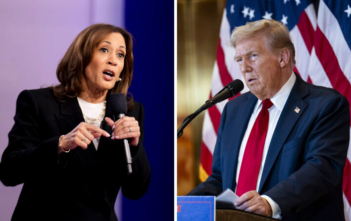 (Izq.) La candidata presidencial demócrata, la vicepresidenta Kamala Harris, habla durante un foro ciudadano de CNN en los estudios Sun Center en Aston, Pensilvania, el 23 de octubre de 2024; (Der.) El expresidente Donald J. Trump habla en la Torre Trump en la ciudad de Nueva York, el 26 de septiembre de 2024. (Andrew Harnik/Getty Images; Samira Bouaou/The Epoch Times)