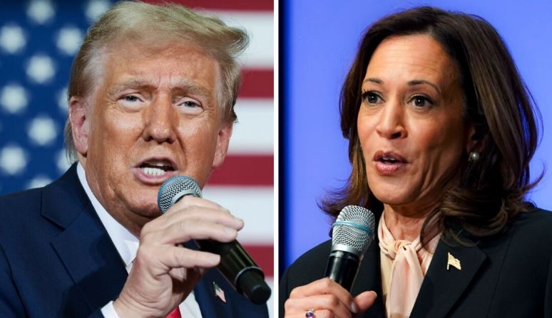 (Izquierda) El candidato presidencial republicano, el expresidente Donald Trump, habla durante un acto municipal en Lancaster, Pensilvania, el 20 de octubre de 2024; (Derecha) la candidata presidencial demócrata, la vicepresidenta Kamala Harris, habla durante un acto de campaña en Jonesboro, Georgia, el 20 de octubre de 2024. (Win McNamee, Megan Varner/Getty Images)