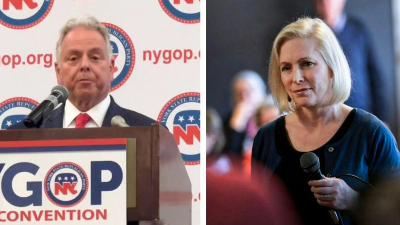 (Izquierda) Mike Sapraicone en Binghamton, Nueva York, el 22 de febrero de 2024. (Cortesía del Comité Republicano del Condado de Broome); (Derecha) Senadora Kirsten Gillibrand (D-N.Y.) en Dubuque, Iowa, el 19 de marzo de 2019. (Scott Olson/Getty Images)