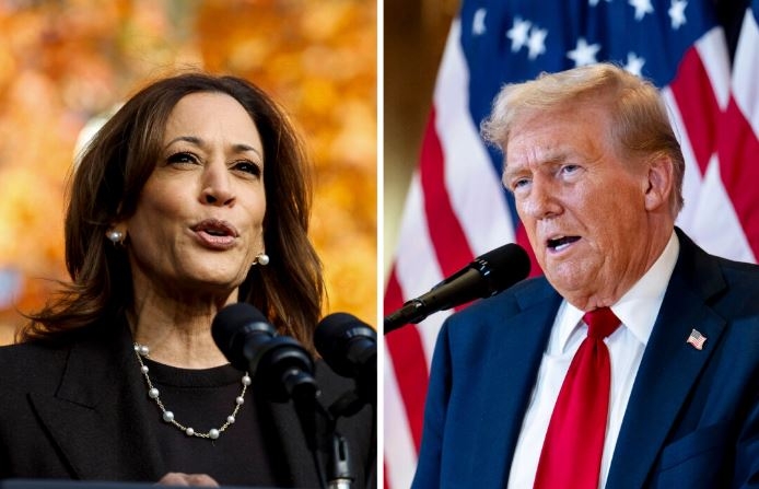 (Izquierda) La vicepresidenta y candidata presidencial demócrata Kamala Harris habla durante un acto de campaña en Riverside Park en Grand Rapids, Michigan, el 18 de octubre de 2024; (Derecha) El expresidente Donald J. Trump habla en Trump Tower en Nueva York el 26 de septiembre de 2024. (Kamil Krzaczynski/AFP vía Getty Images; Samira Bouaou/The Epoch Times)