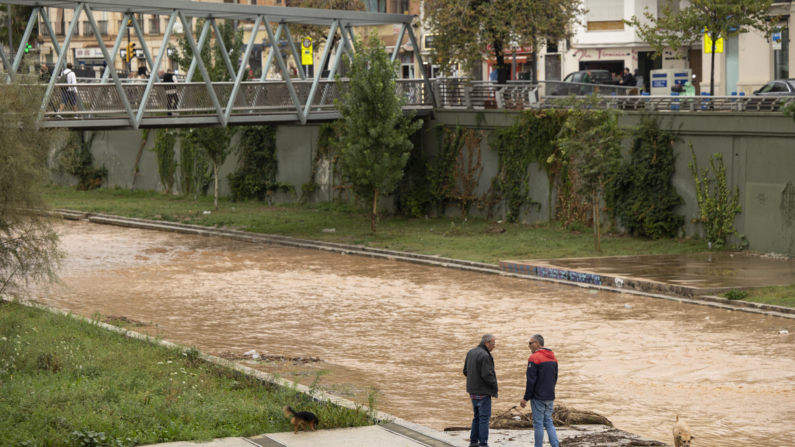 Varias personas observan este martes el río Guadalmedina a su paso por Málaga capital que se encuentra cubierto de agua por las fuertes lluvias caídas en las últimas horas debido al paso de la dana por Andalucía que está dejando innumerables incidencias.EFE/Daniel Pérez