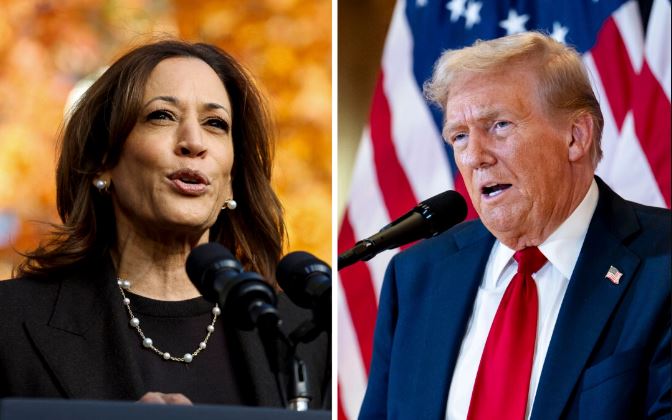 (Izquierda) La candidata presidencial demócrata, la vicepresidenta Kamala Harris, habla en un acto de campaña en Riverside Park en Grand Rapids, Michigan, el 18 de octubre de 2024; (Derecha) el candidato presidencial republicano, el expresidente Donald Trump, habla en Trump Tower en Nueva York el 26 de septiembre de 2024. (Kamil Krzaczynski/AFP vía Getty Images; Samira Bouaou/The Epoch Times)