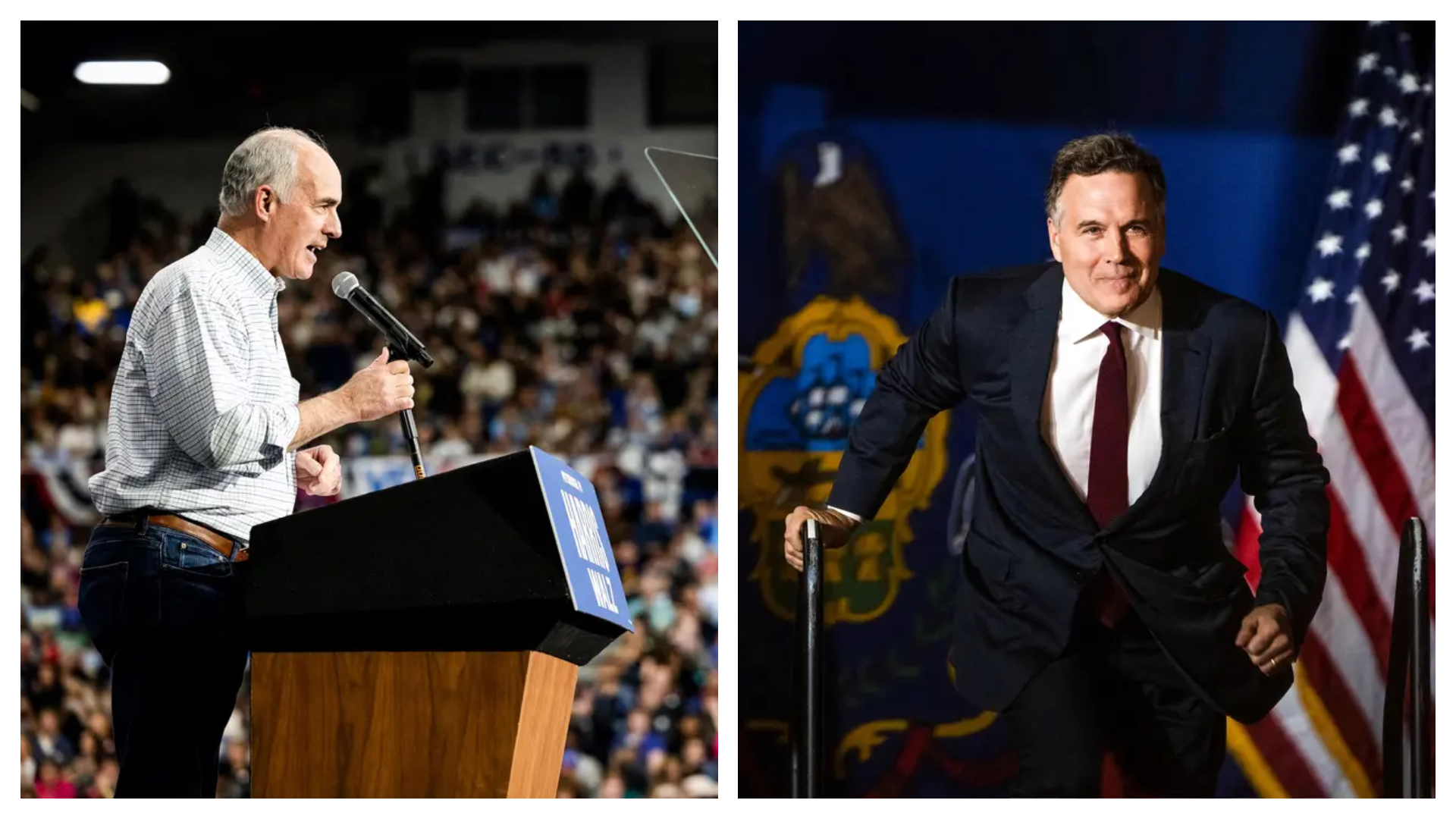 (Izquierda) El senador Bob Casey (D-Pa.) habla durante un acto de campaña de la candidata demócrata a la vicepresidencia Kamala Harris en Pittsburgh el 10 de octubre de 2024. (Derecha) El candidato republicano al Senado de Estados Unidos por Pensilvania, Dave McCormick, llega para hablar en un acto de campaña del candidato presidencial republicano, el expresidente Donald Trump, en el New Holland Arena de Harrisburg, Pensilvania, el 31 de julio de 2024. (Ryan Collerd/AFP vía Getty Images, Joe Lamberti/AFP vía Getty Images)