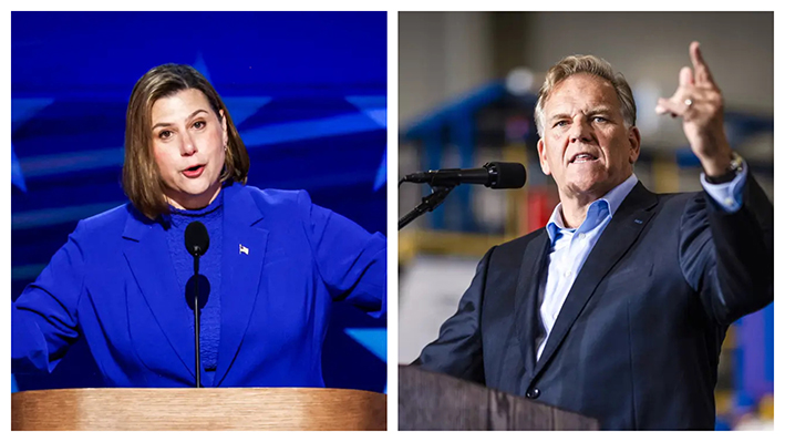 (Izquierda) La representante Elissa Slotkin (D-Mich.) habla durante el último día de la Convención Nacional Demócrata en Chicago el 22 de agosto de 2024. (Derecha) El exrepresentante Mike Rogers (R-Mich.) habla en un acto de campaña de Trump en Walker, Michigan, el 27 de septiembre de 2024. (Chip Somodevilla/Getty Images, Scott Olson/Getty Images)