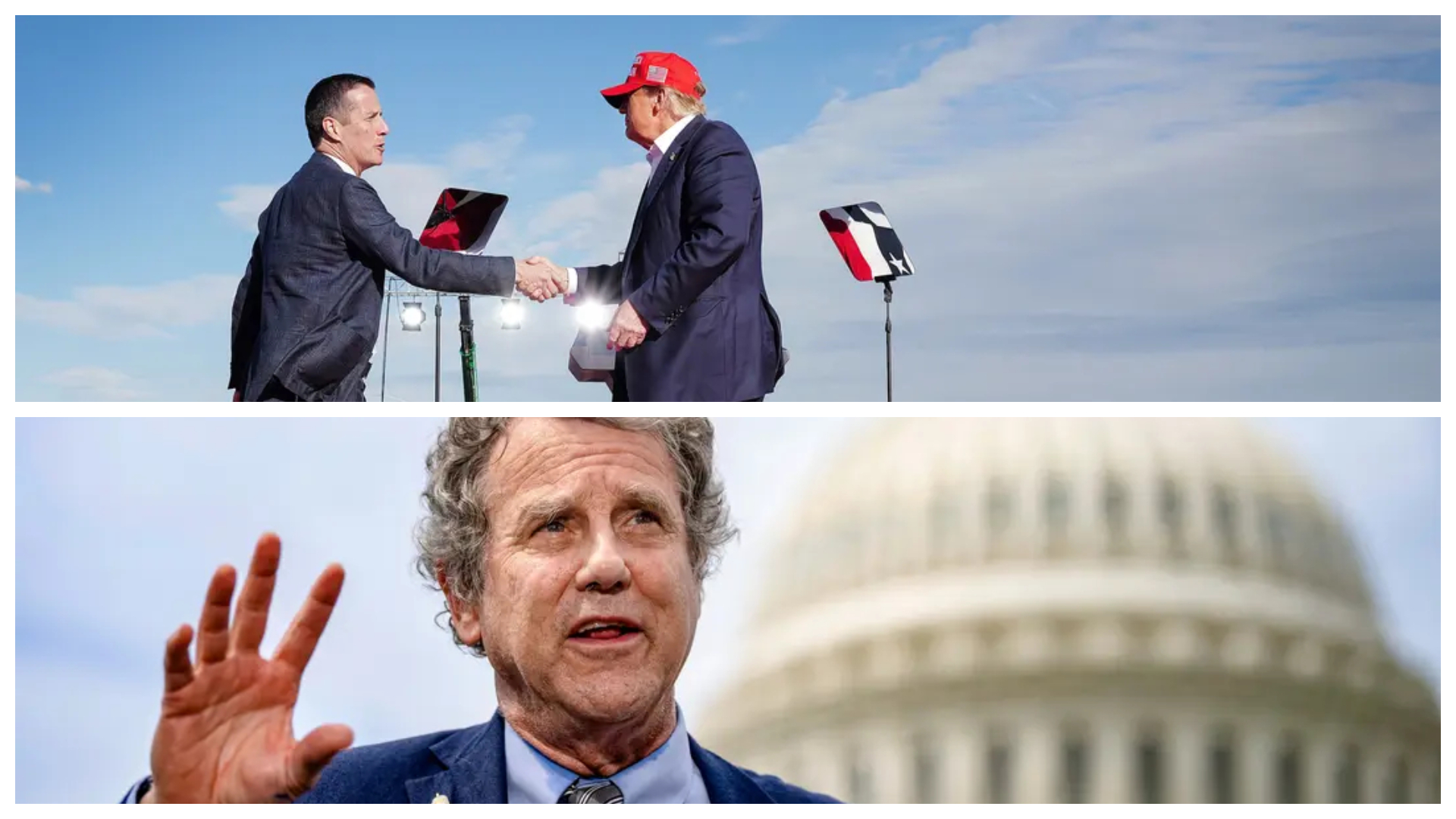 (Arriba) El expresidente Donald Trump y el candidato republicano al Senado de Ohio Bernie Moreno asisten a un mitin en el Aeropuerto Internacional de Dayton en Vandalia, Ohio, el 16 de marzo de 2024. (Abajo) El senador Sherrod Brown (D-Ohio) habla durante una rueda de prensa en el Capitolio en Washington el 28 de julio de 2022. (Scott Olson/Getty Images, Drew Angerer/Getty Images)