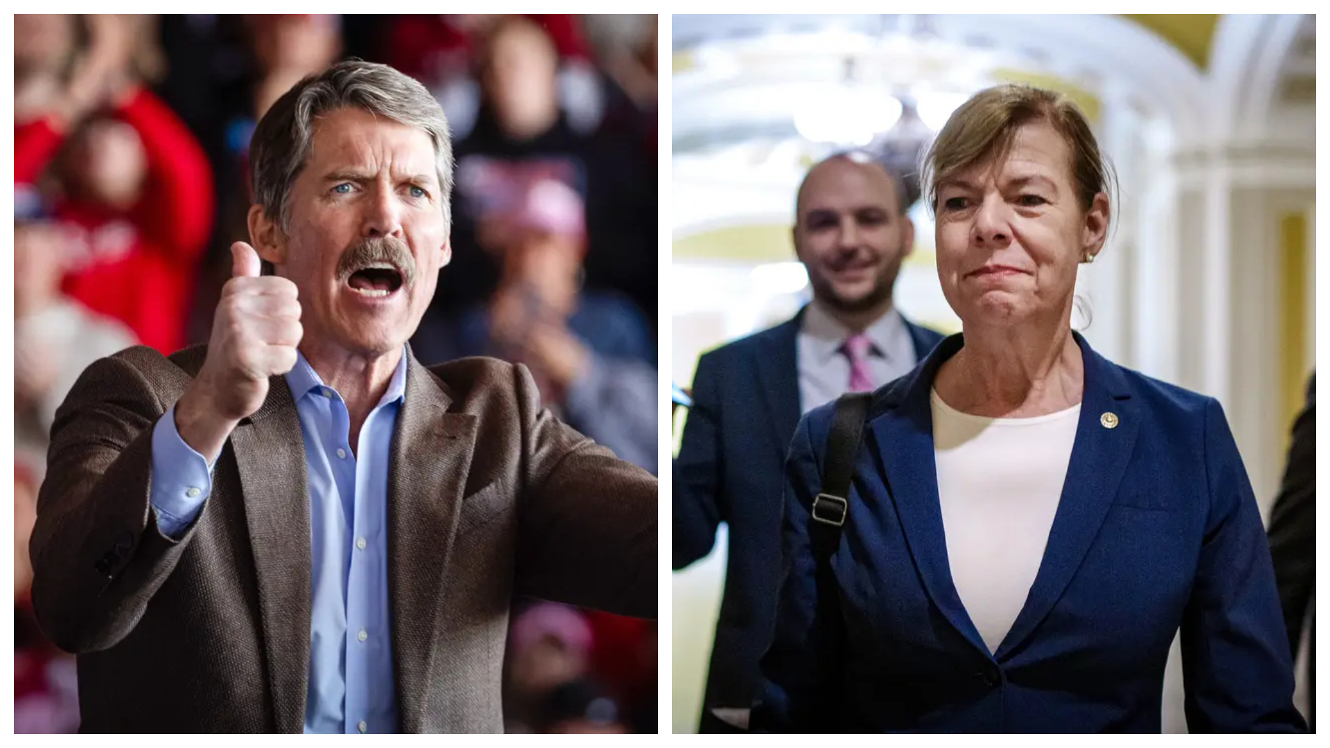 (Izquierda) El candidato republicano al Senado federal por Wisconsin, Eric Hovde, habla en un mitin de Trump en el aeropuerto del condado de Dodge en Juneau, Wisconsin, el 6 de octubre de 2024. (Derecha) La senadora demócrata Tammy Baldwin habla con un periodista en el Capitolio de EE.UU. el 16 de noviembre de 2022. (Scott Olson/Getty Images, Drew Angerer/Getty Images)