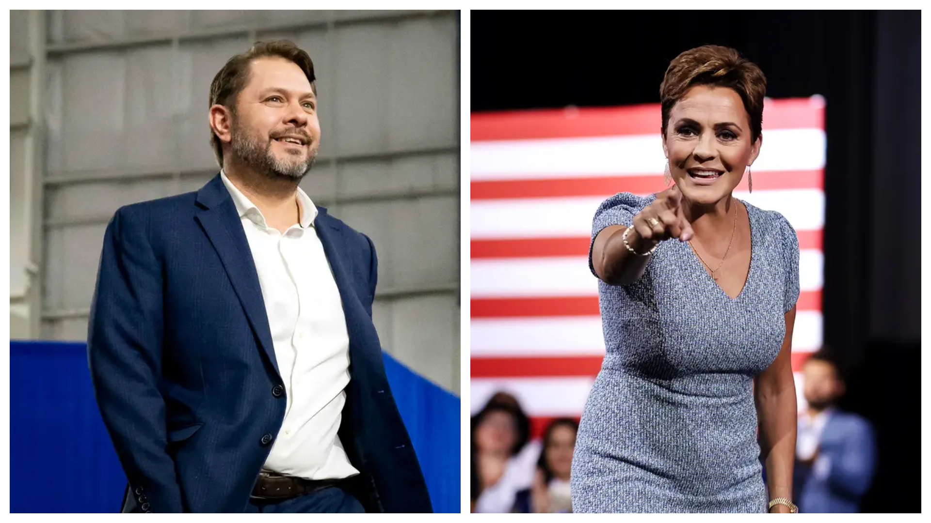 (Izquierda) El representante Ruben Gallego (D-Ariz.) sube al escenario en un mitin de campaña de Harris en Tucson el 18 de octubre de 2024. (Derecha) La candidata republicana al Senado de Arizona, Kari Lake, saluda a sus seguidores durante un acto de campaña de Trump en Tucson el 12 de septiembre de 2024. (Rebecca Noble/AFP vía Getty Images, Justin Sullivan/Getty Images)