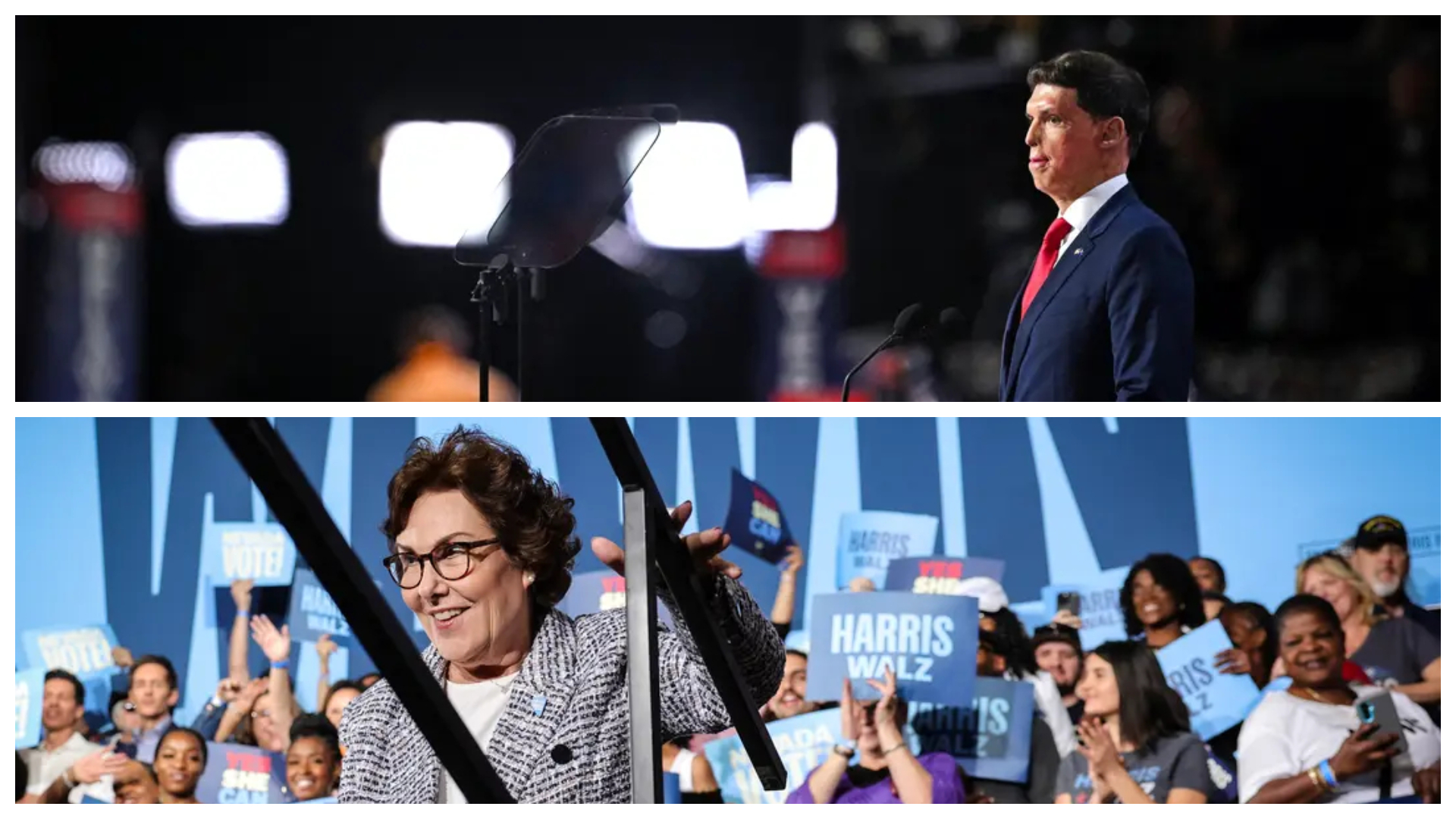 (Arriba) El candidato republicano al Senado de Nevada, Sam Brown, habla en la Convención Nacional Republicana de 2024 en Milwaukee el 16 de julio de 2024. (Abajo) La senadora demócrata Jacky Rosen sube al escenario en un mitin de la campaña de Harris en Las Vegas el 19 de octubre de 2024. (Patrick T. Fallon/AFP vía Getty Images, Ethan Miller/Getty Images)