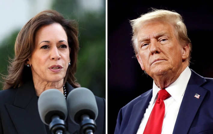 (Izquierda) La vicepresidenta Kamala Harris en el Observatorio Naval en Washington, DC, el 7 de octubre de 2024; (Derecha) El candidato presidencial republicano, el expresidente Donald Trump, pronuncia un discurso en un mitin de campaña en el Santander Arena en Reading, Pensilvania, el 9 de octubre de 2024. (Ting Shen, Chip Somodevilla/Getty Images)