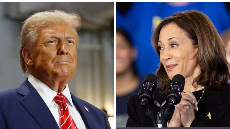 (Izquierda) El expresidente Donald Trump saluda a sus seguidores durante un acto de campaña en el Rocky Mount Event Center de Rocky Mount, Carolina del Norte, el 30 de octubre de 2024. (Derecha) La vicepresidenta Kamala Harris habla durante un mitin de Get Out the Vote en Raleigh, Carolina del Norte, el 30 de octubre de 2024. (Chip Somodevilla/Getty Images; Ryan M. Kelly/AFP vía Getty Images)