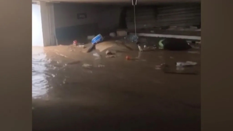 Silvia se encontraba en Benetúser y fue rescatada después de que el agua reventara la persiana de la farmacia. Imagen: Captura de pantalla. 