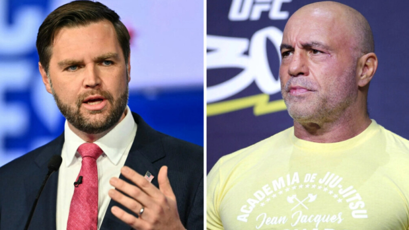 (Izquierda) El senador estadounidense y candidato republicano a la vicepresidencia J.D. Vance habla en el CBS Broadcast Center de Nueva York el 1 de octubre de 2024; (Derecha) Joe Rogan ejerce de maestro de ceremonias durante el pesaje ceremonial de UFC 300 en el MGM Grand Garden Arena de Las Vegas, Nevada, el 12 de abril de 2024. (Angela Weiss/Getty Images; Carmen Mandato/AFP vía Getty Images)