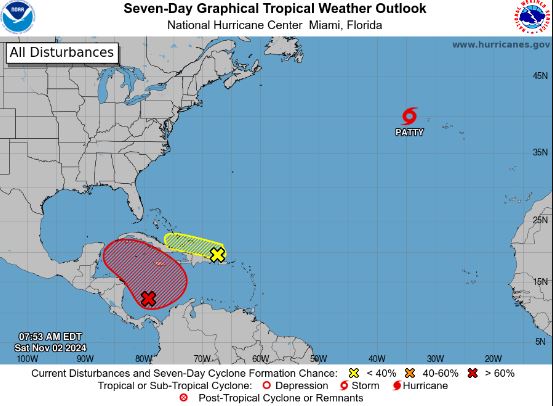 La perspectiva tropical de siete días del Centro Nacional de Huracanes el 2 de noviembre. (Centro Nacional de Huracanes/Servicio Meteorológico Nacional)