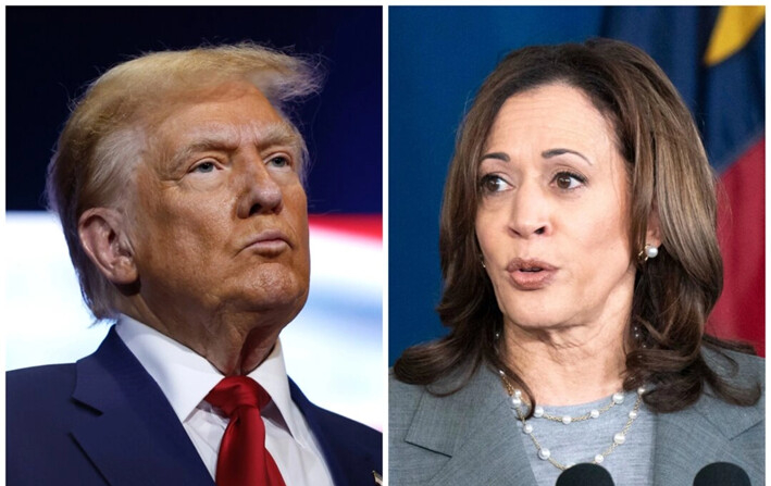 (Izquierda) El candidato presidencial republicano Donald Trump observa en la Capilla de Cristo en Zebulon, Georgia, el 23 de octubre de 2024. (Derecha) La vicepresidenta Kamala Harris habla durante un evento de campaña en Greensboro, Carolina del Norte, el 11 de julio de 2024. (Anna Moneymaker, Sean Rayford /Getty Images)