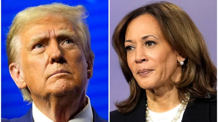 (Izquierda) El candidato presidencial republicano y el expresidente Donald Trump en un evento de campaña en Duluth, Georgia, el 23 de octubre de 2024. (Derecha) La candidata presidencial demócrata, la vicepresidenta Kamala Harris, en un evento de campaña en Aston, Pa., el 23 octubre de 2024. (AP Photo/Alex Brandon, Matt Rourke, Archivo)