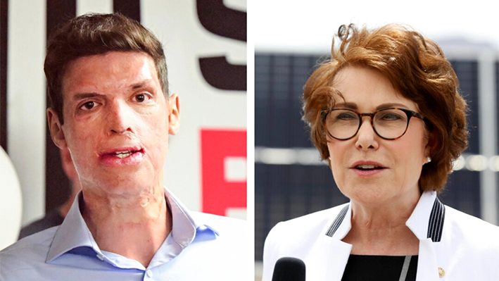 (Izquierda) El candidato republicano al Senado Sam Brown en Reno, Nevada, el 14 de junio de 2022. (Derecha) La senadora demócrata Jacky Rosen en Dry Lake Valley, Nevada, el 28 de junio de 2021. (Josh Edelson/Getty Images; Gabe Ginsberg/Getty Images para MGM Resorts International)