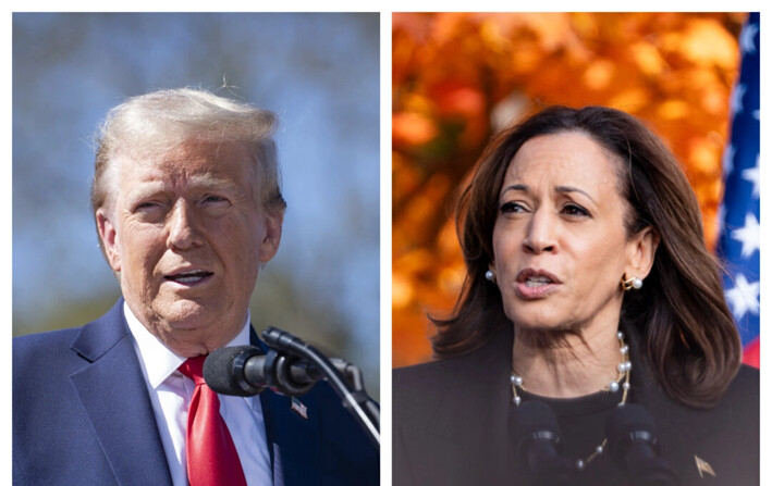 (Izquierda) El candidato presidencial republicano, el expresidente Donald J. Trump, habla con la prensa en Asheville, Carolina del Norte, el 21 de octubre de 2024. (Derecha) La candidata presidencial demócrata, la vicepresidenta Kamala Harris, habla en Grand Rapids, Michigan, el 18 de octubre de 2024. (Madalina Vasiliu/The Epoch Times)