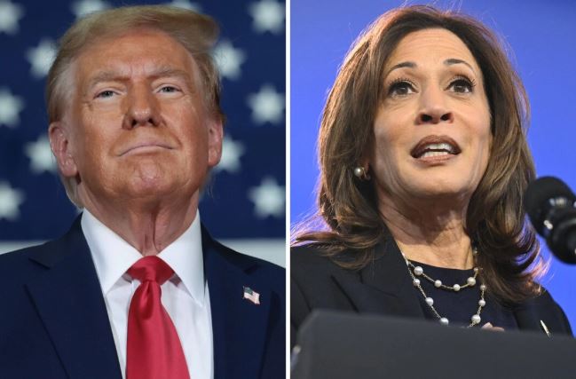 (Izquierda) El candidato presidencial republicano Donald Trump sube al escenario durante un acto de campaña en Lancaster, Pensilvania, el 20 de octubre de 2024. (Derecha) La candidata presidencial demócrata Kamala Harris habla durante un acto de campaña en Filadelfia, Pensilvania, el 27 de octubre de 2024. ((Win McNamee, Saul Loeb/Getty Images)