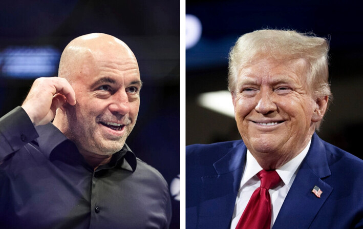 (Izquierda) Joe Rogan en Jacksonville, Florida, el 9 de abril de 2022. (Derecha) El expresidente Donald Trump en Flint, Michigan, el 17 de septiembre de 2024. (James Gilbert, Scott Olson/Getty Images)