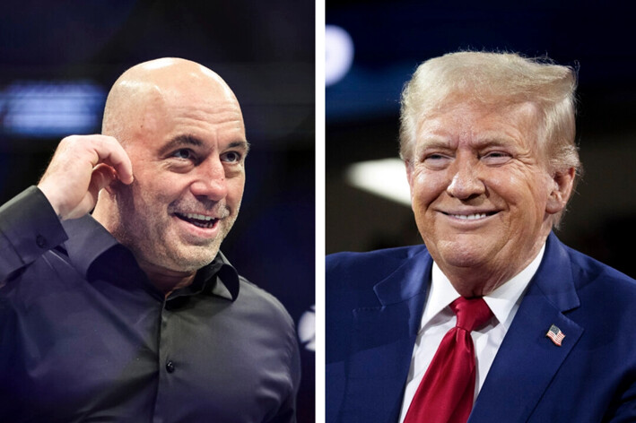 (Izquierda) Joe Rogan en Jacksonville, Florida, el 9 de abril de 2022. (Derecha) El expresidente Donald Trump en Flint, Michigan, el 17 de septiembre de 2024. (James Gilbert, Scott Olson/Getty Images)