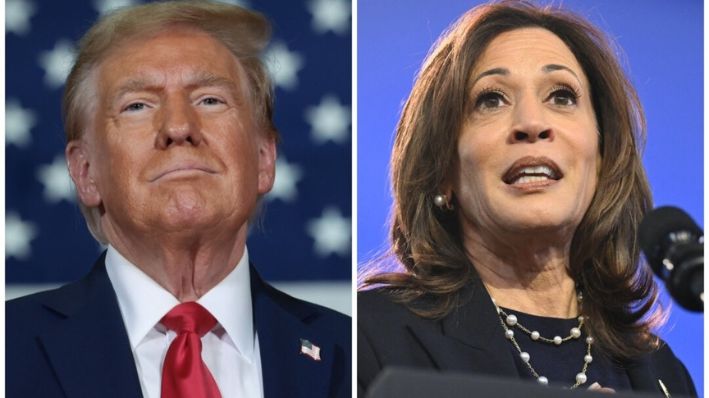 (Izq.) El candidato presidencial republicano Donald Trump llega a un evento de campaña en Lancaster, Pensilvania, el 20 de octubre. (Der.) La candidata presidencial demócrata Kamala Harris habla durante un mitin en Filadelfia, el 27 de octubre. (Win McNamee, Saul Loeb/Getty Images)