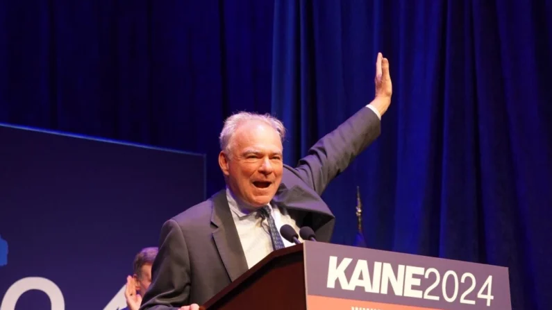 Sen. Tim Kaine (D-Va.) at his election watch party in Richmond, Va., on Nov. 5, 2024 Terri Wu/The Epoch Times