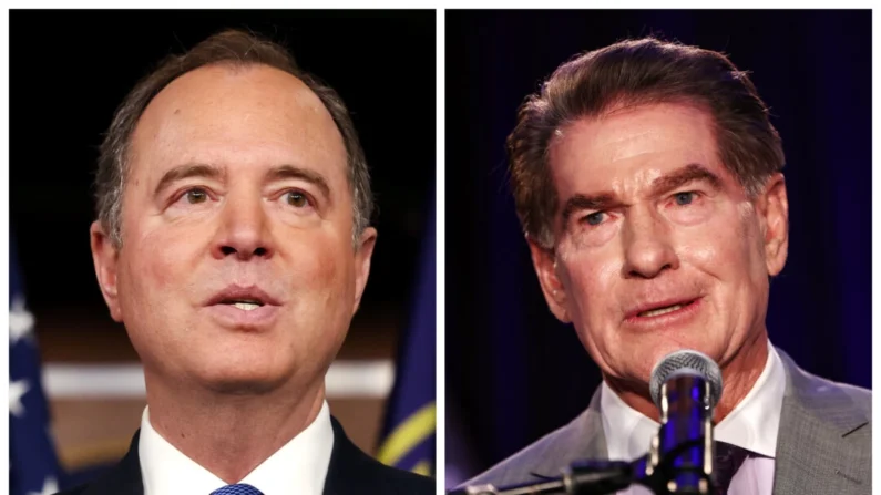 (Left) Rep. Adam Schiff (D-Calif.) speaks at a press conference at the U.S. Capitol Building in Washington on Jan. 25, 2023. (Right) Republican U.S. Senate candidate Steve Garvey speaks at a primary-night watch party in Palm Desert, Calif., on March 5, 2024.  Kevin Dietsch, Mario Tama/Getty Images