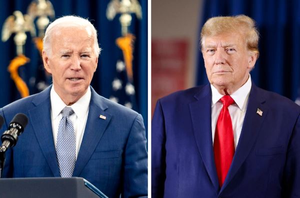 (Izquierda) El presidente Joe Biden habla sobre su plan económico para el país en Raleigh, Carolina del Norte, el 18 de enero de 2024. (Derecha) El ex presidente Donald Trump llega a un mitin en Sioux Center, Iowa, el 5 de enero de 2024. (Eros Hoagland, Scott Olson/Getty Images)