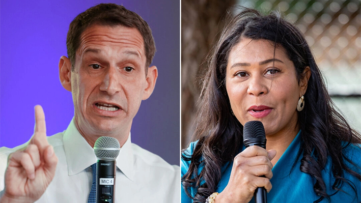 (Izquierda) Daniel Lurie, candidato a la alcaldía de San Francisco, habla durante un acto de campaña en San Francisco, el 30 de octubre de 2024. (Derecha) London Breed, alcalde de San Francisco, habla con los vecinos en San Francisco, el 22 de octubre de 2022. (Justin Sullivan/Getty Images; John Fredricks/The Epoch Times)