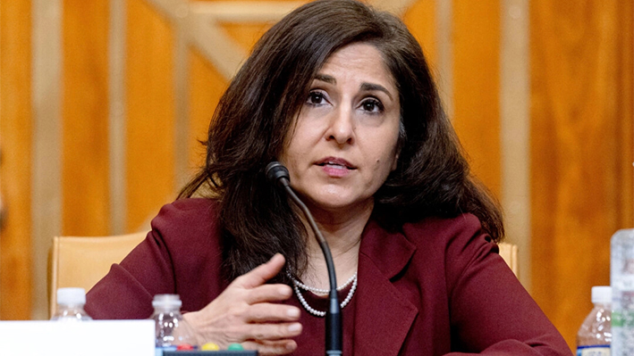 Neera Tanden testifica en una audiencia del comité del Senado en el Capitolio el 10 de febrero de 2021. (Andrew Harnik/Foto AP)