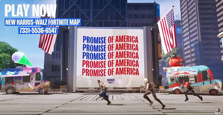 Una captura de pantalla muestra el mapa de juego de Fortnite de la vicepresidenta Kamala Harris en la página web de su campaña para 2024. (Sitio web de la campaña de Harris, captura de pantalla vía The Epoch Times)