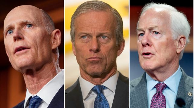 (Izquierda) Sens. Rick Scott (R-Fla.); (Centro) John Thune (R-S.D.); (Derecha) John Cornyn (R-Texas). (Andrew Harnik/ Samuel Corum/Joshua Roberts/Getty Images)