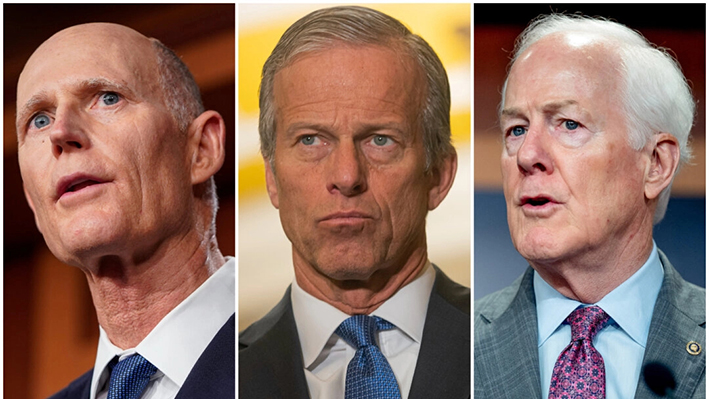 (Izquierda) Los senadores Rick Scott (R-Fla.). (Centro) John Thune (R-S.D.). (Derecha) John Cornyn (R-Texas). (Andrew Harnik; Samuel Corum; Joshua Roberts/Getty Images)