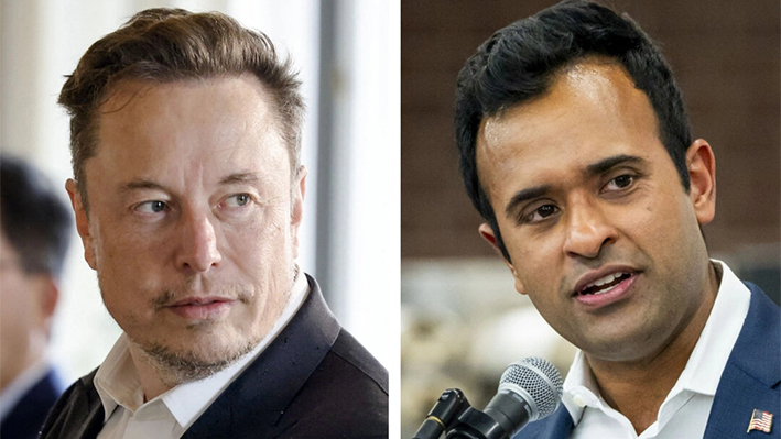 (Izquierda) Elon Musk, CEO de Tesla, en Francia el 15 de mayo de 2023. (Derecha) El empresario Vivek Ramaswamy en Aiken, Carolina del Sur, el 21 de febrero de 2024. (Getty Images/The Epoch Times)