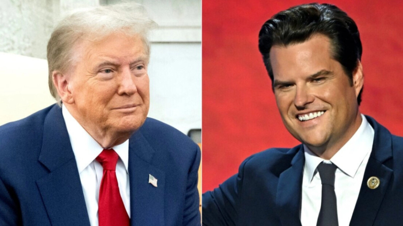 (Izquierda) El presidente electo Donald Trump visita el Despacho Oval de la Casa Blanca en Washington, el 13 de noviembre de 2024, y (Derecha) el representante Matt Gaetz (R-Fla.) habla en la Convención Nacional Republicana en Milwaukee el 17 de julio de 2024. (Saul Loeb y Andrew Caballero-Reynolds/AFP)
