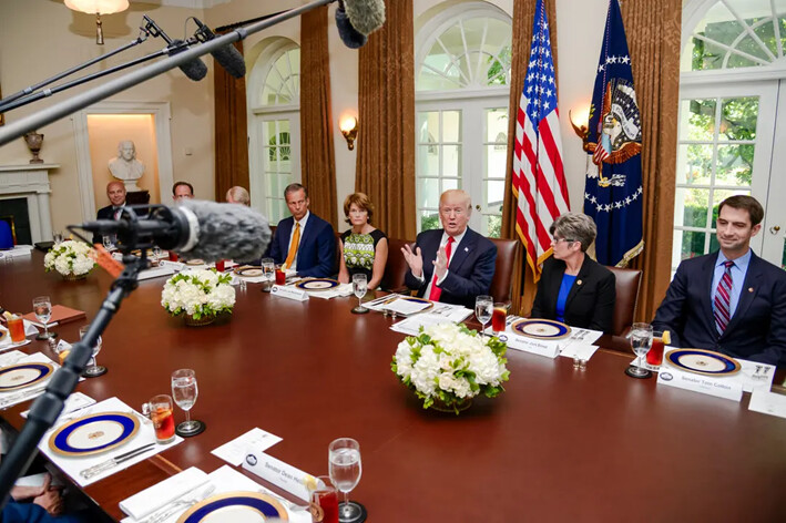 El presidente Donald Trump ofrece un almuerzo de trabajo con miembros del Congreso, incluyendo al (izq.-der.) director de la Casa Blanca de asuntos legislativos Mark Short y Sens. Pat Toomey (R-Pa.), Rob Portman (R-Ohio), John Thune (R-S.D.), Lisa Murkowski (R-Alaska), Joni Ernst (R-Iowa), y Tom Cotton (R-Ark.) en la Casa Blanca, el 13 de junio de 2017. (Mike Theiler-Pool/Getty Images)