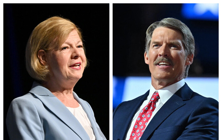 (Izq.) La senadora Tammy Baldwin (D-Wis.) en Milwaukee, Wisconsin, el 8 de junio de 2024. (Der.) El empresario estadounidense Eric Hovde, en Milwaukee, Wisconsin, el 16 de julio de 2024. (Daniel Boczarski/Getty Images para el Partido Demócrata de Wisconsin; Angela Weiss/AFP vía Getty Images)