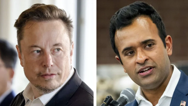 (Izquierda) El CEO de Tesla, Elon Musk, en Francia el 15 de mayo de 2023. (Derecha) El empresario Vivek Ramaswamy en Aiken, Carolina del Sur, el 21 de febrero de 2024. (Getty Images/The Epoch Times)