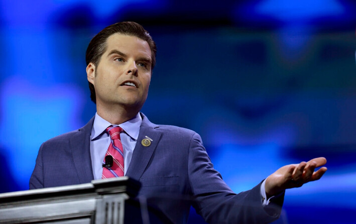 El representante Matt Gaetz (R-Fla.) habla durante la conferencia Turning Point Action en West Palm Beach, Florida, el 15 de julio de 2023. (Joe Raedle/Getty Images)