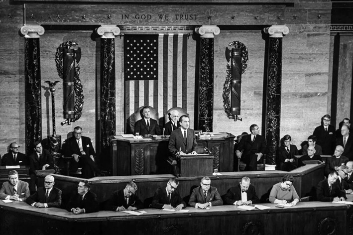 El Presidente Richard Nixon pronuncia su discurso sobre el Estado de la Unión, el 22 de enero de 1970. (Pictorial Parade/Archive Photos/Getty Images)