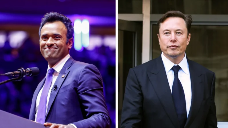 (Izquierda) Vivek Ramaswamy habla en un mitin de Trump en el Madison Square Garden en Nueva York el 27 de octubre de 2024. (Derecha) El CEO de Tesla, Elon Musk, sale del Phillip Burton Federal Building en San Francisco el 24 de enero de 2023. (Anna Moneymaker, Justin Sullivan/Getty Images)