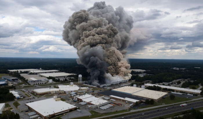 Un incendio en las instalaciones de BioLab en Conyers, Georgia, el 29 de septiembre de 2024. (Ben Gray/Atlanta Journal-Constitution vía AP).