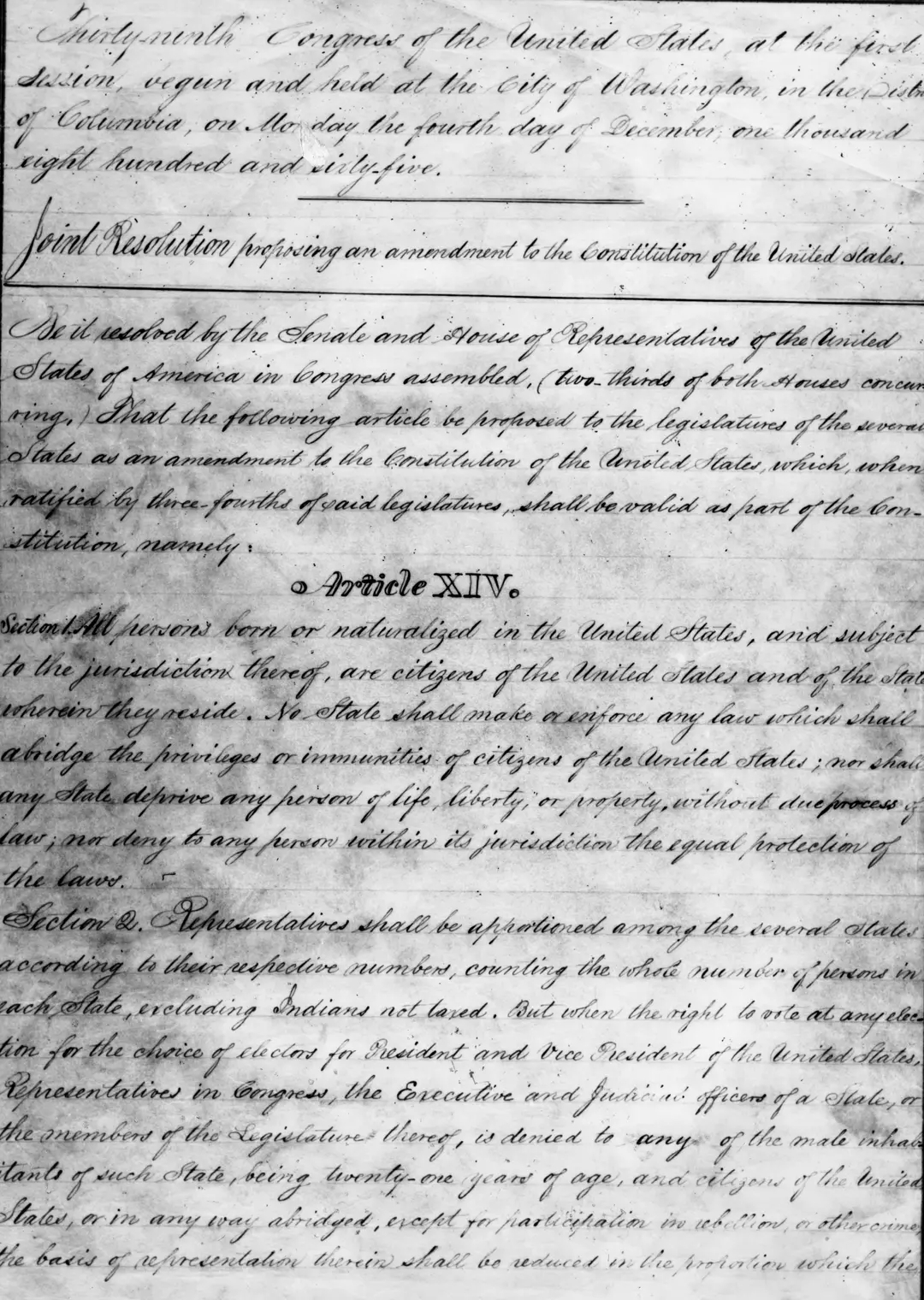 Un borrador de la 14ª Enmienda de la Constitución de Estados Unidos en 1866. El concepto de ciudadanía por derecho de nacimiento proviene de la 14ª Enmienda. (MPI/Getty Images)